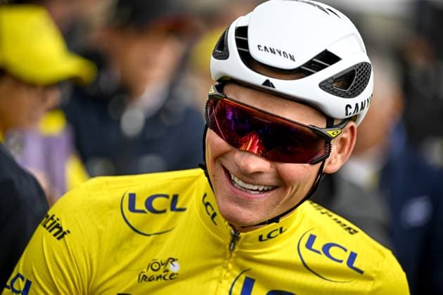 Dutch Mathieu van der Poel of Alpecin-Deceuninck wearing the yellow jersey pictured at the start of the third stage of the 2025 Tour de France cycling, from Valenciennes to Dunkerque (178 km) on Monday 07 July 2025 in France. The 112th edition of the Tour de France starts on Saturday 5 July in Lille, France, and will finish in Paris, France on the 27th of July. JASPERxJACOBS  x128593451x