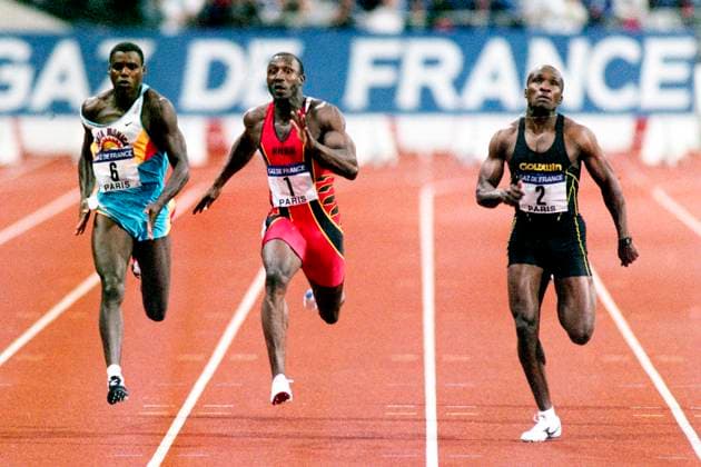 950703 Friidrott, Paris GP: Carl Lewis, USA, Linford Christie, Storbritannien och Davidson Ezinwa, Nigeria pa 100 m. *** 950703 Athletics, Paris GP Carl Lewis, USA, Linford Christie, Great Britain and Davidson Ezinwa, Nigeria at 100 m  Copyright: BILDBYRAN BB950703BB033