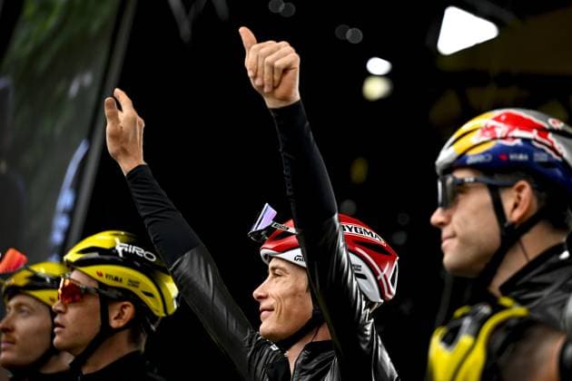 Danish Jonas Vingegaard Hansen of Team Visma-Lease a Bike and Belgian Wout van Aert of Team Visma-Lease a Bike pictured at the start of the third stage of the 2025 Tour de France cycling, from Valenciennes to Dunkerque (178 km) on Monday 07 July 2025 in France. The 112th edition of the Tour de France starts on Saturday 5 July in Lille, France, and will finish in Paris, France on the 27th of July. JASPERxJACOBS  x128595454x