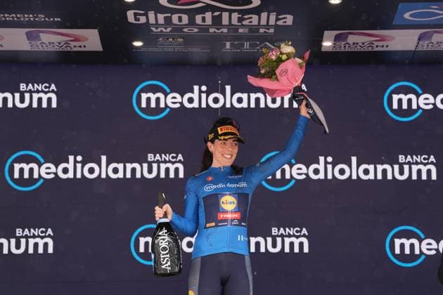 Blue Jersey Anna Henderson (Lidl - Trek) during the 2nd stage of the Giro d™Italia Women, from Clusone to Aprica, Italy Monday, July 07, 2025. - cycling .  Copyright: xMassimoxPaolone Lapressex