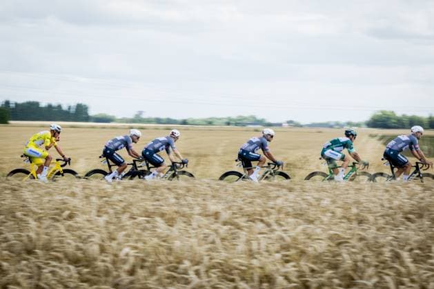 Dutch Mathieu van der Poel of Alpecin-Deceuninck and Belgian Jasper Philipsen of Alpecin-Deceuninck pictured in action during the third stage of the 2025 Tour de France cycling, from Valenciennes to Dunkerque (178 km) on Monday 07 July 2025 in France. The 112th edition of the Tour de France starts on Saturday 5 July in Lille, France, and will finish in Paris, France on the 27th of July. DAVIDxPINTENS  x128600538x