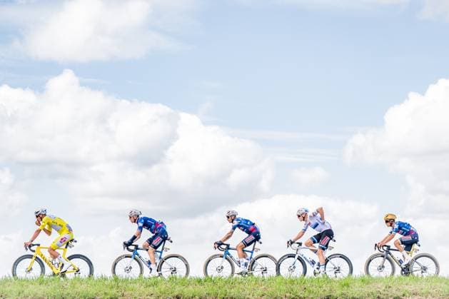 Dutch Mathieu van der Poel of Alpecin-Deceuninck, Belgian Tim Merlier of Soudal Quick-Step and Belgian Remco Evenepoel of Soudal Quick-Step pictured in action during the third stage of the 2025 Tour de France cycling, from Valenciennes to Dunkerque (178 km) on Monday 07 July 2025 in France. The 112th edition of the Tour de France starts on Saturday 5 July in Lille, France, and will finish in Paris, France on the 27th of July. JASPERxJACOBS  x128601204x