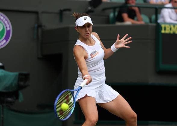 7th July 2025; All England Lawn Tennis and Croquet Club, London, England; Wimbledon Tennis Tournament, Day 8; Belinda Bencic (SUI) with a forehand shot to Ekaterina Alexandrova (RUS)  ActionPlus12811215 JohnxPatrickxFletcher