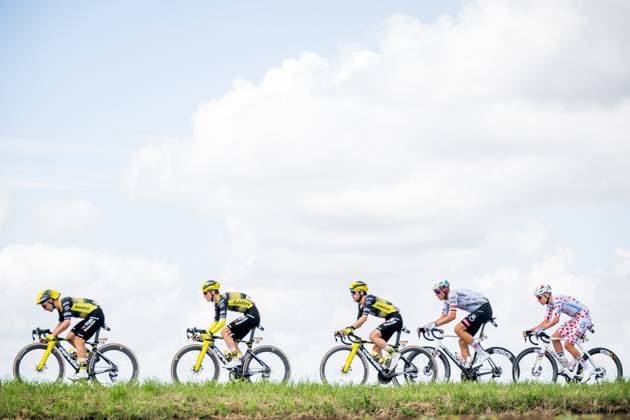 Belgian Victor Campenaerts of Team Visma-Lease a Bike and Slovenian Tadej Pogacar of UAE Team Emirates pictured in action during the third stage of the 2025 Tour de France cycling, from Valenciennes to Dunkerque (178 km) on Monday 07 July 2025 in France. The 112th edition of the Tour de France starts on Saturday 5 July in Lille, France, and will finish in Paris, France on the 27th of July. JASPERxJACOBS  x128601240x
