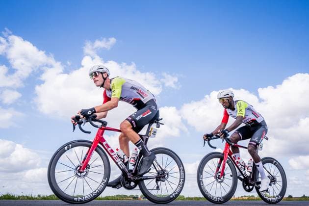 German Jonas Rutsch of Intermarche-Wanty and Eritrean Biniam Girmay Hailu of Intermarche-Wanty pictured in action during the third stage of the 2025 Tour de France cycling, from Valenciennes to Dunkerque (178 km) on Monday 07 July 2025 in France. The 112th edition of the Tour de France starts on Saturday 5 July in Lille, France, and will finish in Paris, France on the 27th of July. JASPERxJACOBS  x128602826x