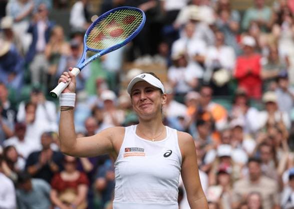 7th July 2025; All England Lawn Tennis and Croquet Club, London, England; Wimbledon Tennis Tournament, Day 8; Belinda Bencic (SUI) celebrates after defeating Ekaterina Alexandrova (RUS) in straight sets to book a place in the Ladies& x2019;& xa0;Singles Quarter-finals  ActionPlus12811220 JohnxPatrickxFletcher