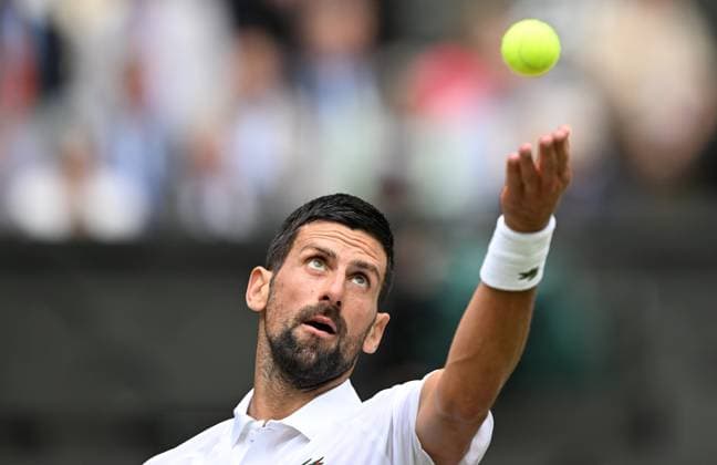 (250707) -- LONDON, July 7, 2025 -- Novak Djokovic serves during the men s singles fourth round match between Novak Djokovic of Serbia and Alex de Minaur of Australia at the Wimbledon Tennis Championships in London, Britain, July 7, 2025. ) (SP)BRITAIN-LONDON-TENNIS-WIMBLEDON-MEN S SINGLES LixYing 