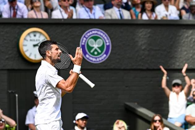 Novak Djokovic celebrates winning important point during his Wimbledon 2025 Men?s Singles Round of 16 tennis match against Alex de Minaur at the All England Tennis Club in London, England (Richard Callis SPP) Copyright: xRichardxCallis SPPx spp-en-RiCa-SPP25_rica_07jul25_21469