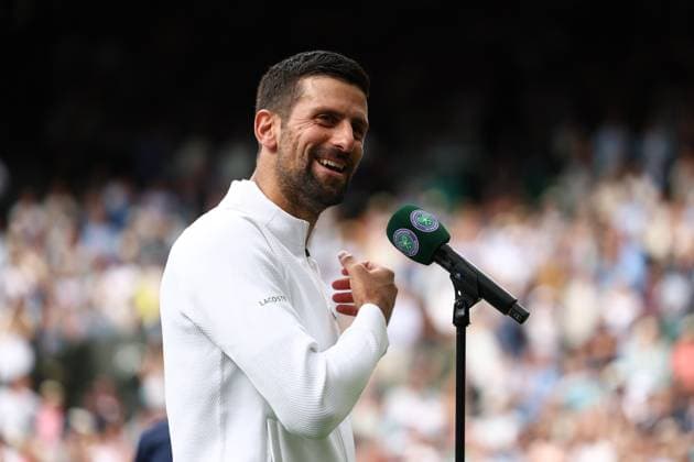 7th July 2025; All England Lawn Tennis and Croquet Club, London, England; Wimbledon Tennis Tournament, Day 8; A delighted Novak Djokovic (SRB) is interviewed on the court after booking his place in the Gentlemen& x2019;s& xa0;Singles Quarter-finals  ActionPlus12811227 JohnxPatrickxFletcher