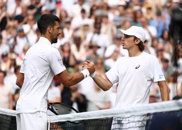 7th July 2025; All England Lawn Tennis and Croquet Club, London, England; Wimbledon Tennis Tournament, Day 8; Novak Djokovic (SRB) shakes hands with Alex de Minaur (AUS) after defeating the Australian 1-6 6-4 6-4 6-4 to book a place in the Gentlemen& x2019;s& xa0;Singles Quarter-finals  ActionPlus12811228 JohnxPatrickxFletcher