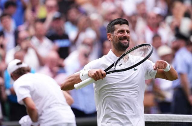 LONDON, ENGLAND - JULY 07: Novak Djokovic of Serbia celebrates after the Gentlemen s Singles fourth round match on day eight of The Championships Wimbledon 2025 at All England Lawn Tennis and Croquet Club on July 07, 2025 in London, England  Copyright: xHiroshi_Satox