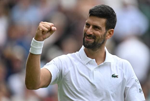 (250708) -- LONDON, July 8, 2025 -- Novak Djokovic celebrates after the men s singles round of 16 match between Novak Djokovic of Serbia and Alex De Minaur of Australia at the Wimbledon Tennis Championships in London, Britain, July 7, 2025. ) (SP)BRITAIN-LONDON-TENNIS-WIMBLEDON-MEN S SINGLES LixYing 