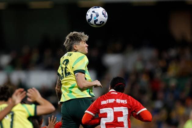 SOCCER AUSTRALIA PANAMA, Michelle Heyman of Australia has an attempt on goal during Game 2 of the Women s International Friendlies soccer match between Australia and Panama at HBF Park in Perth, Tuesday, July 8, 2025. ( NO ARCHIVING, EDITORIAL USE ONLY PERTH WESTERN AUSTRALIA AUSTRALIA  Copyright: xRICHARDxWAINWRIGHTx 20250708184584125135