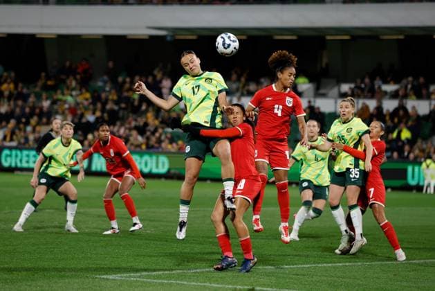 SOCCER AUSTRALIA PANAMA, Amy Sayer of of Australia has an attempt on goal during Game 2 of the Women s International Friendlies soccer match between Australia and Panama at HBF Park in Perth, Tuesday, July 8, 2025. ( NO ARCHIVING, EDITORIAL USE ONLY PERTH WESTERN AUSTRALIA AUSTRALIA  Copyright: xRICHARDxWAINWRIGHTx 20250708114429006468