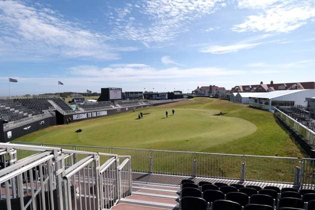 UK: The Genesis Scottish Open at The Renaissance Club, North Berwick, Scotland on 08 July 2025: Pictured: A general view of the 6th green looking towards the tee and the clubhouse. The 6th hole has been designated a stadium hole to create a fan experience and atmosphere North Berwick The Renaissance Club Scotland Copyright: xAlexxToddx