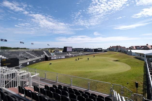 UK: The Genesis Scottish Open at The Renaissance Club, North Berwick, Scotland on 08 July 2025: Pictured: A general view of the 6th green looking towards the tee and the clubhouse. The 6th hole has been designated a stadium hole to create a fan experience and atmosphere North Berwick The Renaissance Club Scotland Copyright: xAlexxToddx