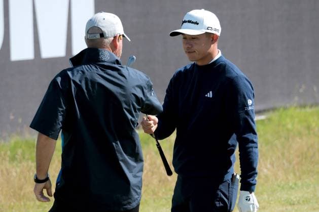 UK: The Genesis Scottish Open at The Renaissance Club, North Berwick, Scotland on 08 July 2025: Pictured: Collin Morikawa (USA) with his new caddie Billy Foster on the 6th green during a practice round at the Genesis Scottish Open 2025 at The Renaissance Club, North Berwick, Scotland North Berwick The Renaissance Club Scotland Copyright: xAlexxToddx