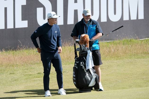 UK: The Genesis Scottish Open at The Renaissance Club, North Berwick, Scotland on 08 July 2025: Pictured: Collin Morikawa (USA) with his new caddie Billy Foster on the 6th green during a practice round at the Genesis Scottish Open 2025 at The Renaissance Club, North Berwick, Scotland North Berwick The Renaissance Club Scotland Copyright: xAlexxToddx