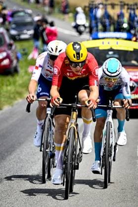 Norwegian Jonas Abrahamsen of Uno-X Mobility, French Lenny Martinez of Bahrain Victorious and French Thomas Gachignard of TotalEnergies pictured in action during the fourth stage of the 2025 Tour de France cycling, Amien Metropole - Rouen (173 km), on Tuesday 08 July 2025 in France. The 112th edition of the Tour de France starts on Saturday 5 July in Lille, France, and will finish in Paris, France on the 27th of July. POOLxJANxDExMEULENEIR  x128681284x