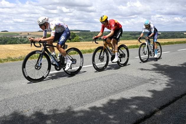 Norwegian Jonas Abrahamsen of Uno-X Mobility, French Lenny Martinez of Bahrain Victorious and French Thomas Gachignard of TotalEnergies pictured in action during the fourth stage of the 2025 Tour de France cycling, Amien Metropole - Rouen (173 km), on Tuesday 08 July 2025 in France. The 112th edition of the Tour de France starts on Saturday 5 July in Lille, France, and will finish in Paris, France on the 27th of July. POOLxJANxDExMEULENEIR  x128681949x