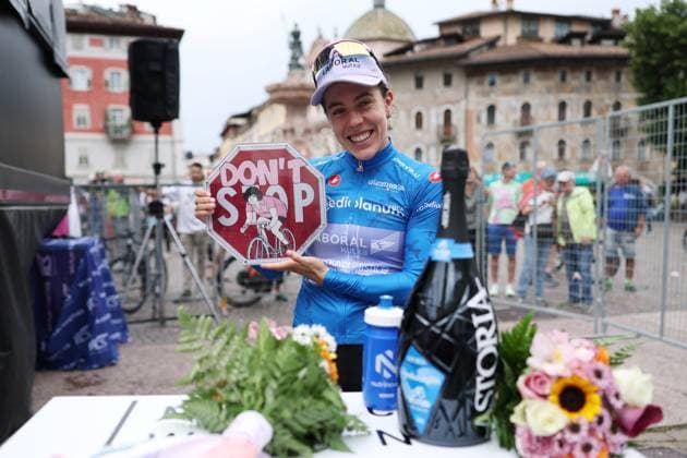 Blue Jersey Laboral Kutxa - Fundacion Euskadi™s Ostolaza Zabala Usoa during the 3rd stage of the Giro d™Italia Women, from Vezza d™Oglio to Trento, Italy Tuesday, July 08, 2025. - cycling .  Copyright: xALESSANDROxGAROFALOx