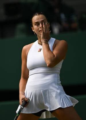 (250708) -- LONDON, July 8, 2025 -- Aryna Sabalenka reacts during the women s singles quarterfinal match between Aryna Sabalenka of Belarus and Laura Siegemund of Germany at the Wimbledon Tennis Championships in London, Britain, July 8, 2025. ) (SP)BRITAIN-LONDON-TENNIS-WIMBLEDON-WOMEN S SINGLES LixYing 
