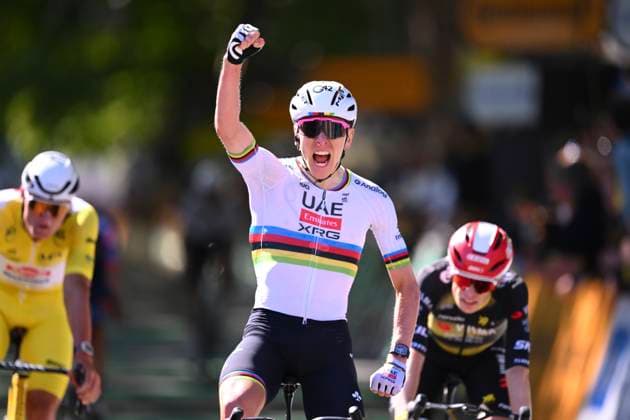 Tour de France 2025 Stage 4 ROUEN, FRANCE - JULY 08 : Pogacar Tadej (SLO) of UAE Team Emirates wins, second place for Van der Poel Mathieu (NED) of Alpecin - Deceuninck, third place for Vingegaard Jonas (DEN) of Team Visma Lease a Bike during stage 4 of the 112th edition of Tour de France an UCI World Tour 2.UWT cycling road race stage for Men Elite of 173 km with start in Amiens Metropole and finish in Rouen on July 8, 2025 in Rouen, France, 08 07 2025 ( Motordriver Kenny Verfaillie - Rouen France  Copyright: xVincentxKalutx