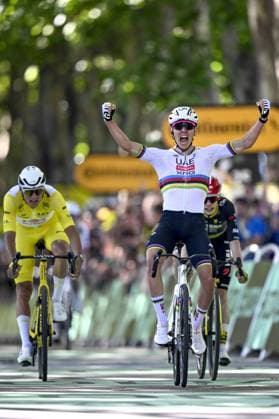 Slovenian Tadej Pogacar of UAE Team Emirates celebrates as he crosses the finish line to win the fourth stage of the 2025 Tour de France cycling, Amien Metropole - Rouen (173 km), on Tuesday 08 July 2025 in France. The 112th edition of the Tour de France starts on Saturday 5 July in Lille, France, and will finish in Paris, France on the 27th of July. JASPERxJACOBS  x128710775x