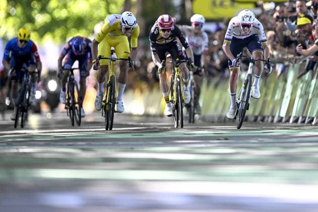Dutch Mathieu van der Poel of Alpecin-Deceuninck, Danish Jonas Vingegaard Hansen of Team Visma-Lease a Bike and Slovenian Tadej Pogacar of UAE Team Emirates sprint to the finish of the fourth stage of the 2025 Tour de France cycling, Amien Metropole - Rouen (173 km), on Tuesday 08 July 2025 in France. The 112th edition of the Tour de France starts on Saturday 5 July in Lille, France, and will finish in Paris, France on the 27th of July. JASPERxJACOBS  x128710777x