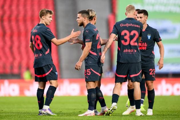 250708 Hugo Bolin and Gabriel Busanello celebrate after 0-1 during the UEFA Champions League qualifier football match between FC Iberia 1999 and Malmö FF on July 8, 2025 in Tbilisi. Photo: Petter Arvidson BILDBYRAN kod PA PA1053 fotboll football soccer fotball uefa champions league champions league fc iberia malmö ff bbeng kval jubel Copyright: PETTERxARVIDSON BB250708PA074