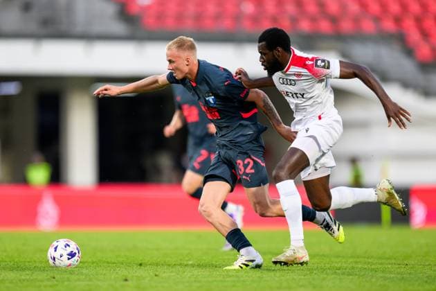 250708 Daniel Gudjohnsen of Malmö FF and Dhoraso Moreo Klas of FC Iberia during the UEFA Champions League qualifier football match between FC Iberia 1999 and Malmö FF on July 8, 2025 in Tbilisi. Photo: Petter Arvidson BILDBYRAN kod PA PA1053 fotboll, football, soccer, fotball,uefa champions league, champi Copyright: PETTERxARVIDSON BB250708PA078