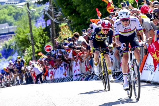 Slovenian Tadej Pogacar of UAE Team Emirates and Danish Jonas Vingegaard Hansen of Team Visma-Lease a Bike pictured in action during the fourth stage of the 2025 Tour de France cycling, Amien Metropole - Rouen (173 km), on Tuesday 08 July 2025 in France. The 112th edition of the Tour de France starts on Saturday 5 July in Lille, France, and will finish in Paris, France on the 27th of July. POOLxBERNARDxPAPON  x128713301x