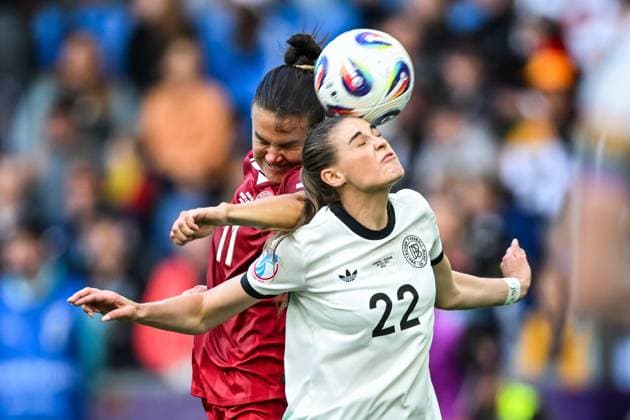 BASEL - (l-r) Katrine Veje of Denmark, Jule Brand of Germany during the European Championship, EM, Europameisterschaft Group C match between Germany and Denmark at St Jakob Park in Basel, Switzerland. ANP Hollandse Hoogte UEFA Women s Euro, group C, matchday 2 2024 25 xVIxANPxSportx xGerritxvanxKeulenxIVx 531153051 originalFilename: 531153051.jpg