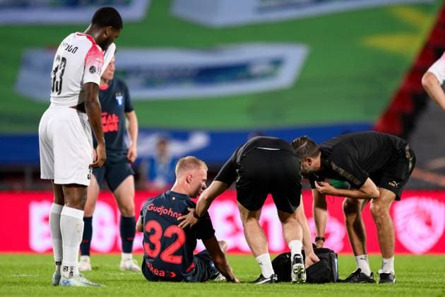 250708 Daniel Gudjohnsen of Malmö FF in pain during the UEFA Champions League qualifier football match between FC Iberia 1999 and Malmö FF on July 8, 2025 in Tbilisi. Photo: Petter Arvidson BILDBYRAN kod PA PA1053 fotboll football soccer fotball uefa champions league champions league fc iberia malmö ff bbeng kval bbauto Copyright: PETTERxARVIDSON BB250708PA093