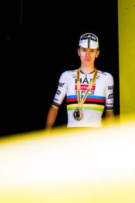 Slovenian Tadej Pogacar of UAE Team Emirates celebrates on the podium after winning the fourth stage of the 2025 Tour de France cycling, Amien Metropole - Rouen (173 km), on Tuesday 08 July 2025 in France. The 112th edition of the Tour de France starts on Saturday 5 July in Lille, France, and will finish in Paris, France on the 27th of July. JASPERxJACOBS  x128715161x