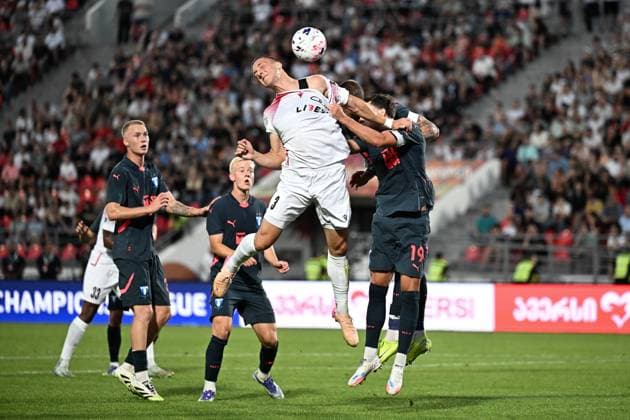 UEFA Champions League, first qualifying round. FC Iberia (GEO) - FC Malmo (SWE) UEFA Champions League, first qualifying round, first leg: FC Iberia (GEO) - FC Malmo (SWE). Iva Gelashvili ( 3 FC Iberia), Colin Rosler ( 19 FC Malmö). 8th of July, 2025. Tbilisi, Georgia, Mikheil Meskhi stadium Tbilisi Mikheil Meskhi stadium Georgia Copyright: xTamunaxKulumbegashvilix KUL_8736