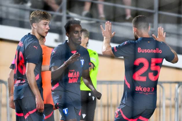 250708 Hugo Bolin, Taha Ali, and Gabriel Busanello of Malmö FF celebrate after 0-3 during the UEFA Champions League qualifier football match between FC Iberia 1999 and Malmö FF on July 8, 2025 in Tbilisi. Photo: Petter Arvidson BILDBYRAN kod PA PA1053 fotboll football soccer fotball uefa champions league champions league fc iberia malmö ff bbeng kval bbauto jubel Copyright: PETTERxARVIDSON BB250708PA132