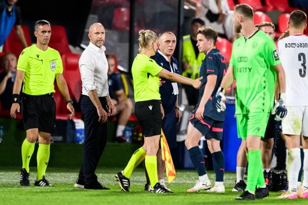 250708 Head coach Henrik Rydström of Malmö FF and goalkeeper Giorgi Makaridze of FC Iberia during the UEFA Champions League qualifier football match between FC Iberia 1999 and Malmö FF on July 8, 2025 in Tbilisi. Photo: Petter Arvidson BILDBYRAN kod PA PA1053 fotboll football soccer fotball uefa champions league champions league fc iberia malmö ff bbeng kval bbauto Copyright: PETTERxARVIDSON BB250708PA138