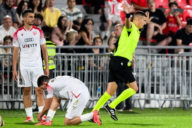 250708 Referee Igor Stojchevski overturns FC Iberia penalty after a VAR review during the UEFA Champions League qualifier football match between FC Iberia 1999 and Malmö FF on July 8, 2025 in Tbilisi. Photo: Petter Arvidson BILDBYRAN kod PA PA1053 fotboll football soccer fotball uefa champions league champions league fc iberia malmö ff bbeng kval Copyright: PETTERxARVIDSON BB250708PA140