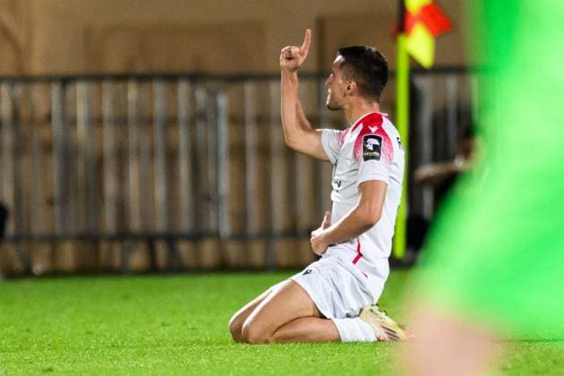 250708 Anes Rusevic of FC Iberia celebrate after 1-3 during the UEFA Champions League qualifier football match between FC Iberia 1999 and Malmö FF on July 8, 2025 in Tbilisi. Photo: Petter Arvidson BILDBYRAN kod PA PA1053 fotboll football soccer fotball uefa champions league champions league fc iberia malmö ff bbeng kval jubel Copyright: PETTERxARVIDSON BB250708PA154