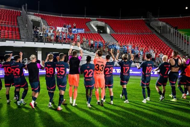 250708 Players and fans of Malmö FF celebrate after the UEFA Champions League qualifier football match between FC Iberia 1999 and Malmö FF on July 8, 2025 in Tbilisi. Photo: Petter Arvidson BILDBYRAN kod PA PA1053 fotboll football soccer fotball uefa champions league champions league fc iberia malmö ff bbeng kval publik jubel Copyright: PETTERxARVIDSON BB250708PA169