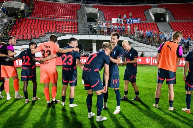 250708 Jens Stryger Larsen and Colin Rösler of Malmö FF celebrate after the UEFA Champions League qualifier football match between FC Iberia 1999 and Malmö FF on July 8, 2025 in Tbilisi. Photo: Petter Arvidson BILDBYRAN kod PA PA1053 fotboll football soccer fotball uefa champions league champions league fc iberia malmö ff bbeng kval bbauto jubel Copyright: PETTERxARVIDSON BB250708PA174