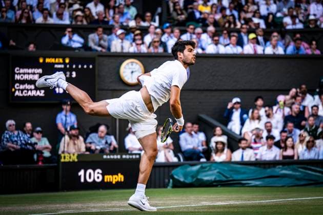 Carlos Alcaraz during his Wimbledon 2025 Men™s Quarter Final tennis match against Cameron Norrie at the All England Tennis Club in London, England (Richard Callis SPP)  Copyright: xRichardxCallis SPPx spp-en-RiCa-SPP25_RiCa_08072025_22120