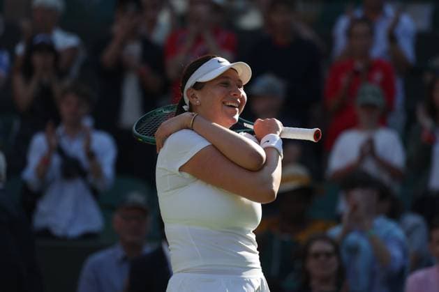 8th July 2025; All England Lawn Tennis and Croquet Club, London, England; Wimbledon Tennis Tournament, Day 9; Amanda Anisimova (USA) celebrates falling on the court after defeating Anastasia Pavlyuchenkova (RUS) in straight sets making the Ladies Semi Final  ActionPlus12811445 JohnxPatrickxFletcher