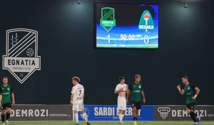 08.07.2025 Rrogozhine(Albania) KF Egnatia-Breidablik Kopavogur Champion s league first qualifyng round men s football Result display after match Egnatia- Breidablik 1:0 :