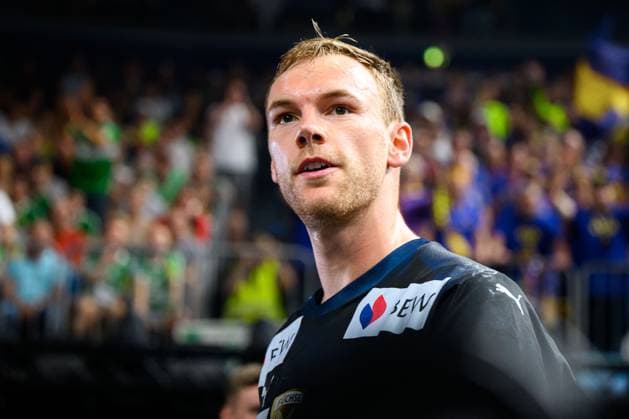 Koeln, Deutschland: Handball EHF CL Final 4 - Halbfinale - Fuechse Berlin - HBC Nantes Mathias Gidsel (Berlin) Portrait Gesicht Koeln Lanxess Arena Nordrhein-Westfalen Deutschland