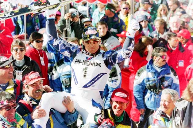 960223 Alpint, VM, Storslalom: Alberto Tomba, Italien jublar efter segern. *** 960223 Alpine, World Cup, Giant Slalom Alberto Tomba, Italy celebrates after the victory  Copyright: BILDBYRAN BB960223BB028