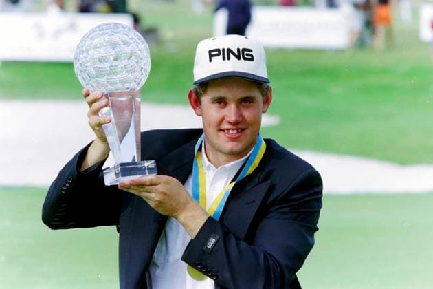 960804 Golf, Scandinavian Masters, Forsgarden: Lee Westwood jublar med pokalen efter segern. *** 960804 Golf, Scandinavian Masters, Forsgarden Lee Westwood celebrates with the trophy after the victory  Copyright: BILDBYRAN BB960804BB068