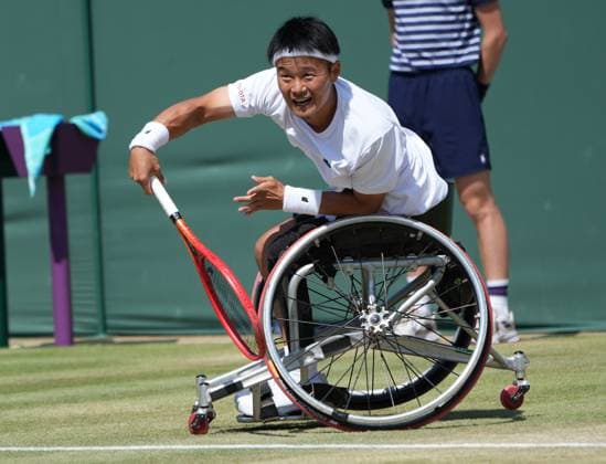 Tennis - 2025 Wimbledon Championships - Men™s Doubles Wheelchair - Quarter Final - Alfie Hewett and Gordon Reid (GBR) v Takuya Miki (Japan) and Casey Ratzlaff (USA) All England Lawn Tennis & Croquet Club - Wednesday 9th July 2025 Takuya Miki (Japan) 