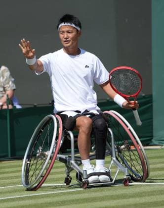 Tennis - 2025 Wimbledon Championships - Men™s Doubles Wheelchair - Quarter Final - Alfie Hewett and Gordon Reid (GBR) v Takuya Miki (Japan) and Casey Ratzlaff (USA) All England Lawn Tennis & Croquet Club - Wednesday 9th July 2025 Takuya Miki (Japan) 